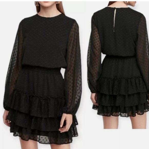 Express black dress with polka dot sparkle accents tiered ruffle long sleeve L - Picture 1 of 7